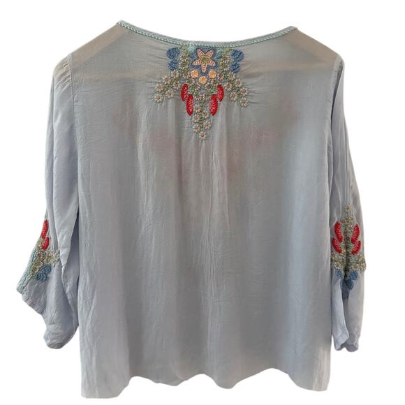 Johnny Was Embroidered Cupra Rayon 3/4 Sleeve Tunic Blouse Blue Size Medium - Picture 2 of 10